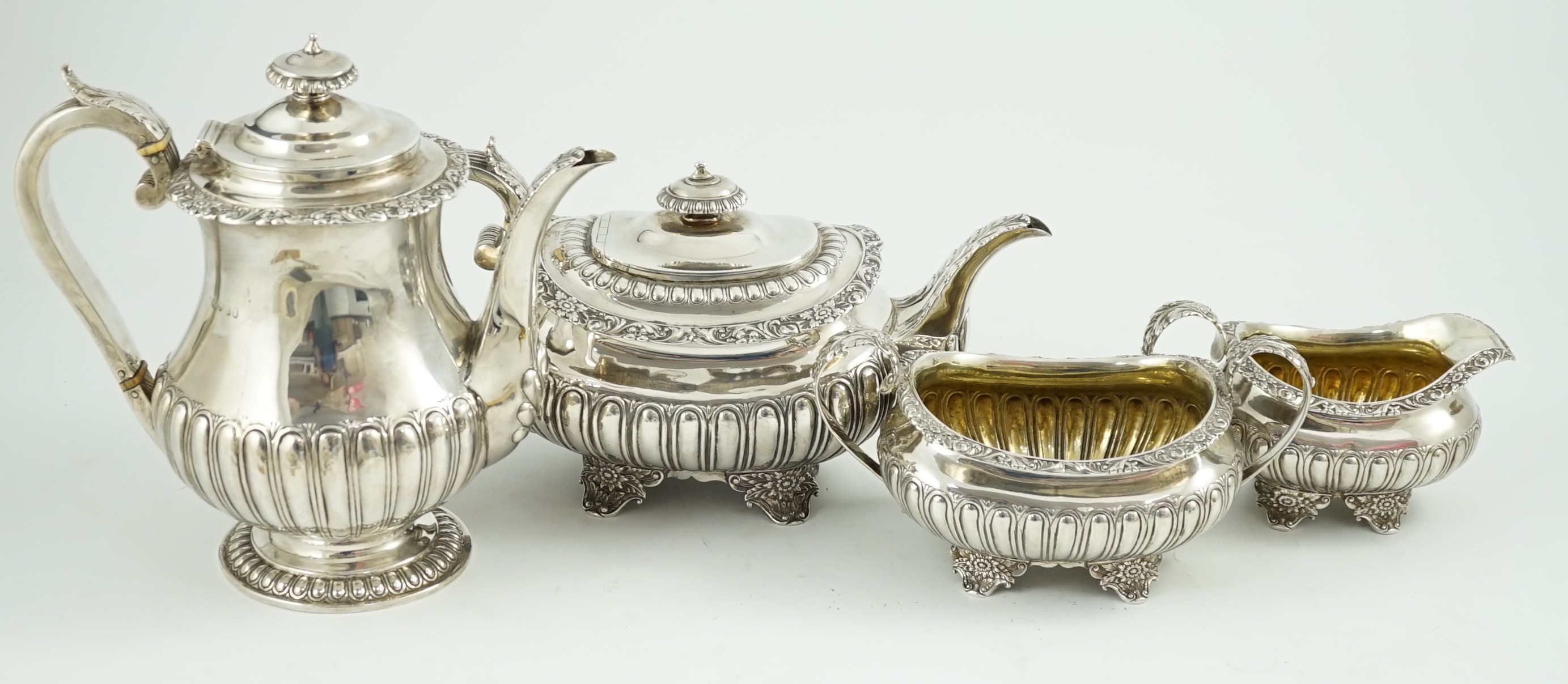 A George IV four piece demi fluted silver tea and coffee service, by Joseph Angell I